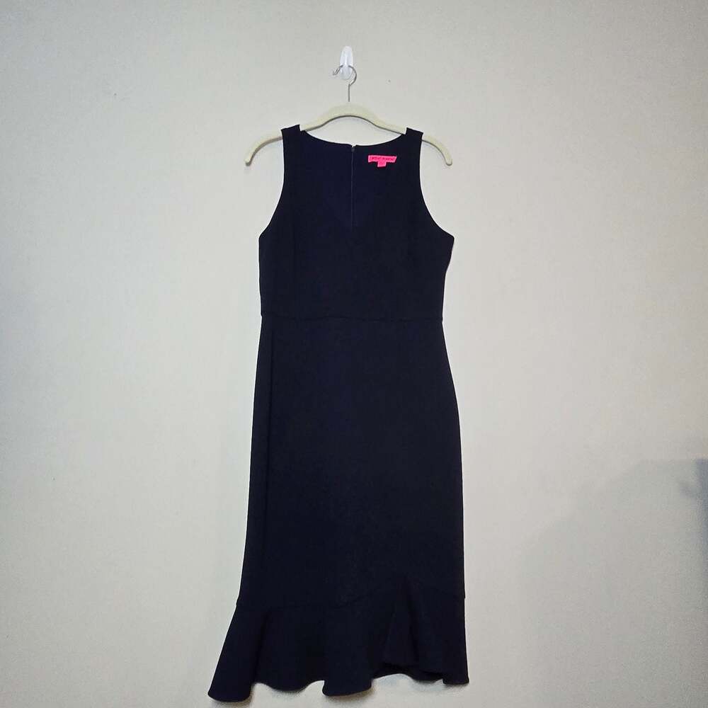 Betsey Johnson Sleeveless Navy Blue Scuba Crepe Flounce Hem Sheath Dress